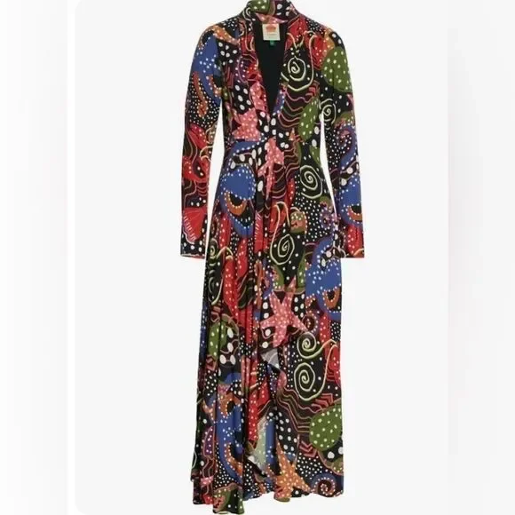 NWT Farm Rio Under The Sea Long Sleeve V-neck Plunge Ruffle Maxi Dress Small - Picture 4 of 15